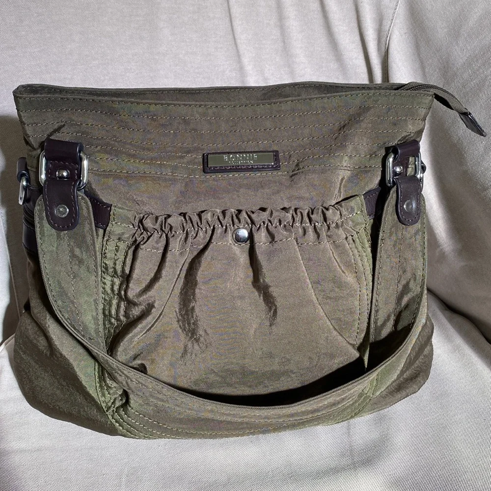 Bonnie Collection Olive Green Large Canvas Bucket Tote Bag w/Brown Leather Trim